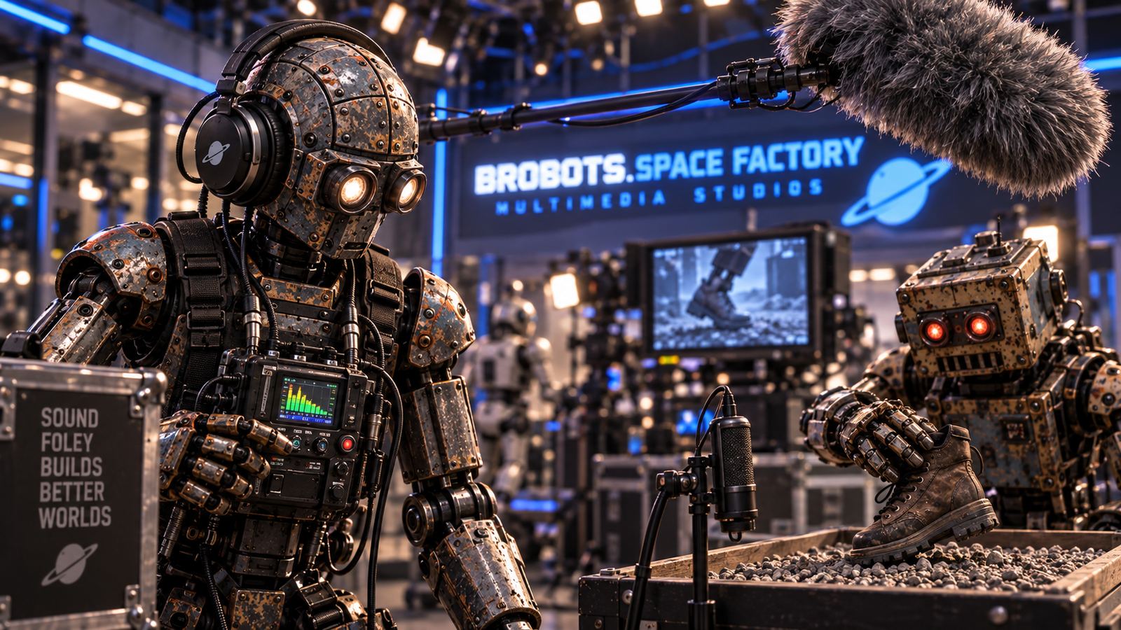 Foley robots: one monitors headphones while another presses a boot into gravel under a boom mic