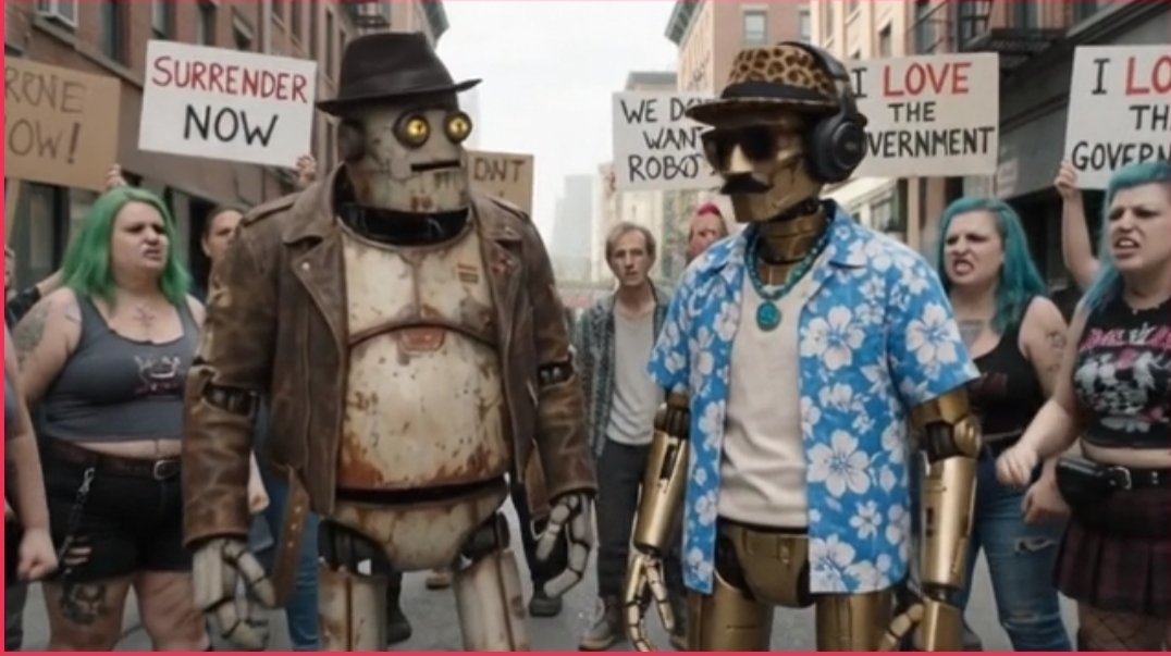 ShockBot and Tank walking through a street crowd