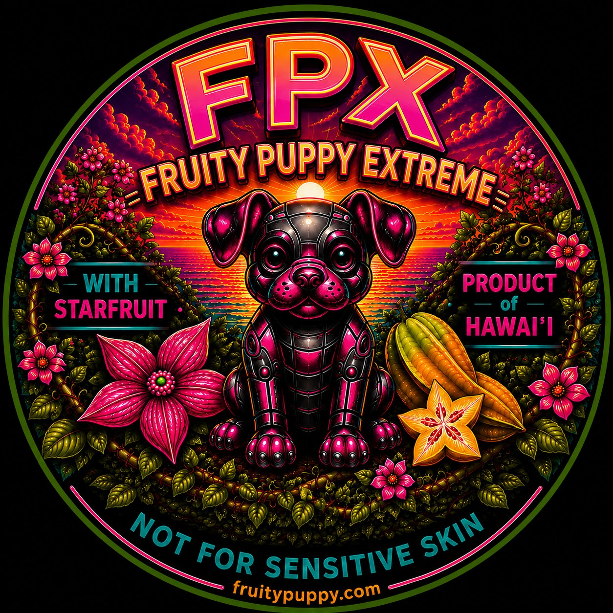 FPX Fruity Puppy Extreme label: robot puppy with starfruit at sunset