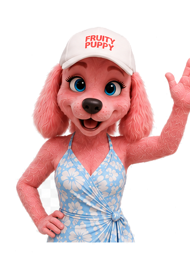 Ipo, the tall pink humanoid dog, brand mascot