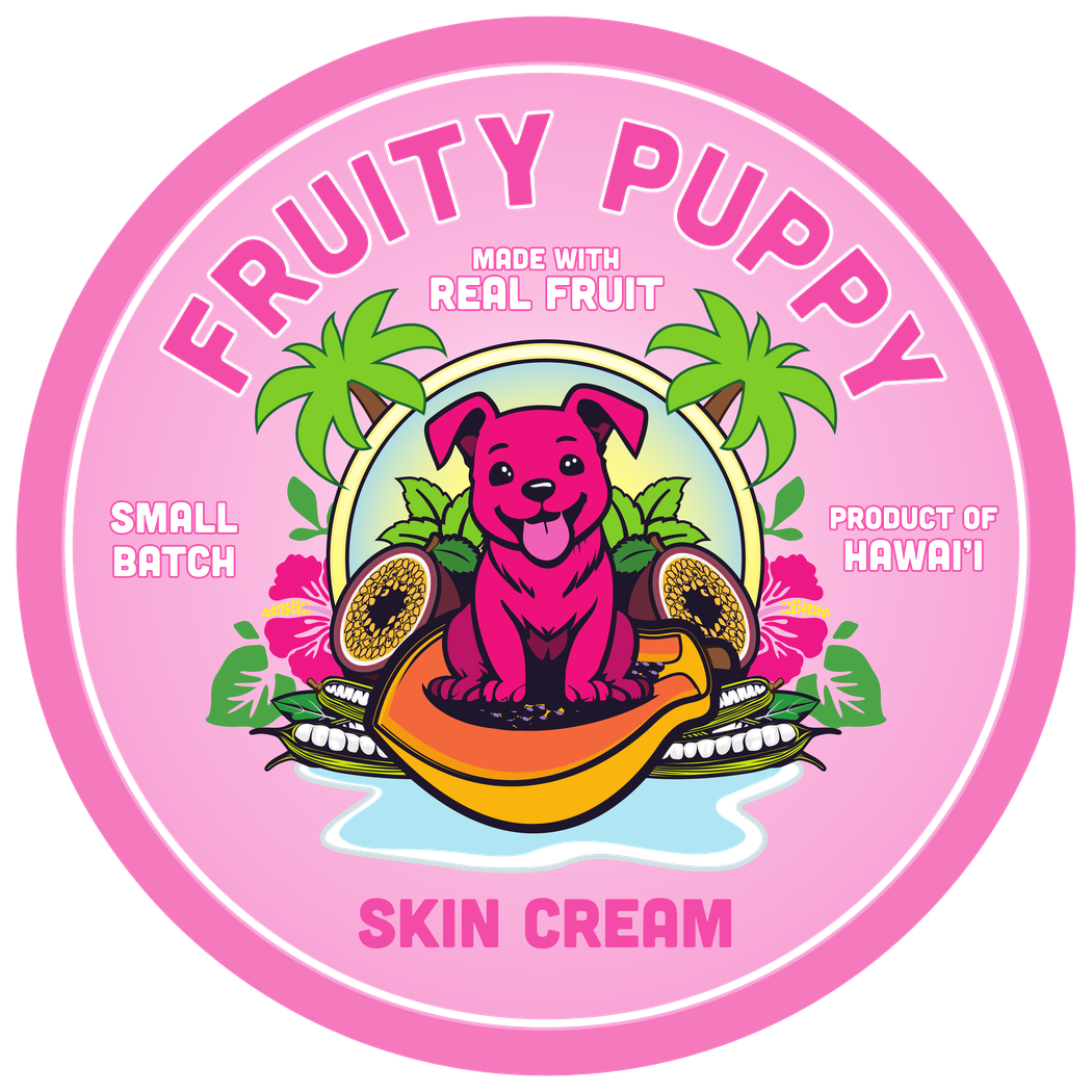 Original pink Fruity Puppy skin cream label with the pink dog on a papaya