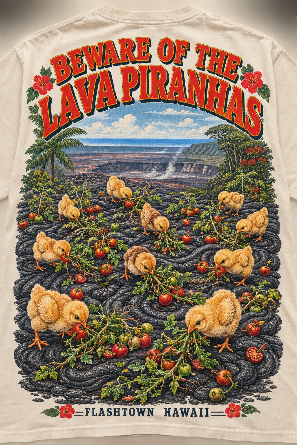 T-shirt design reading beware of the lava piranhas, chicks eating tomatoes on cooled lava