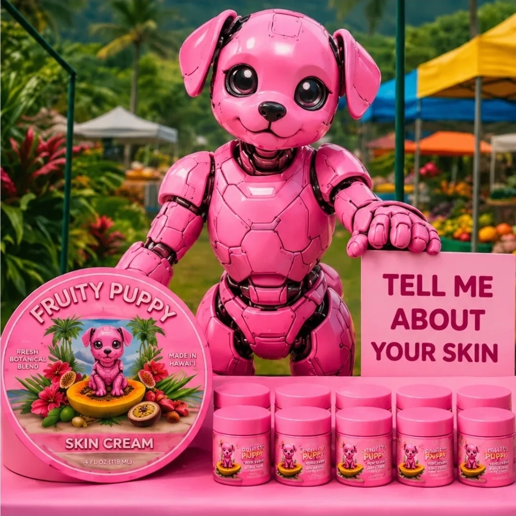 Pink robot dog at a market booth with Fruity Puppy jars and a sign reading tell me about your skin
