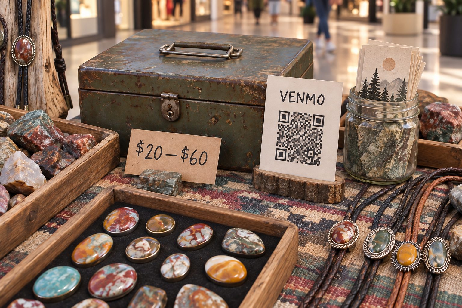 Cash box, Venmo QR, and handwritten $20–$60 card on a patterned rug