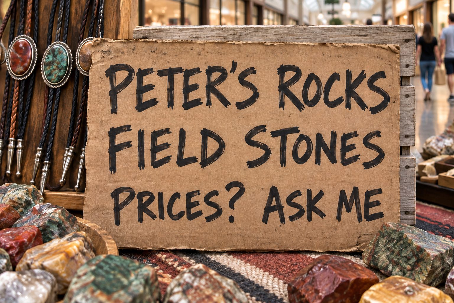 Handwritten cardboard: PETER'S ROCKS / FIELD STONES / PRICES? ASK ME