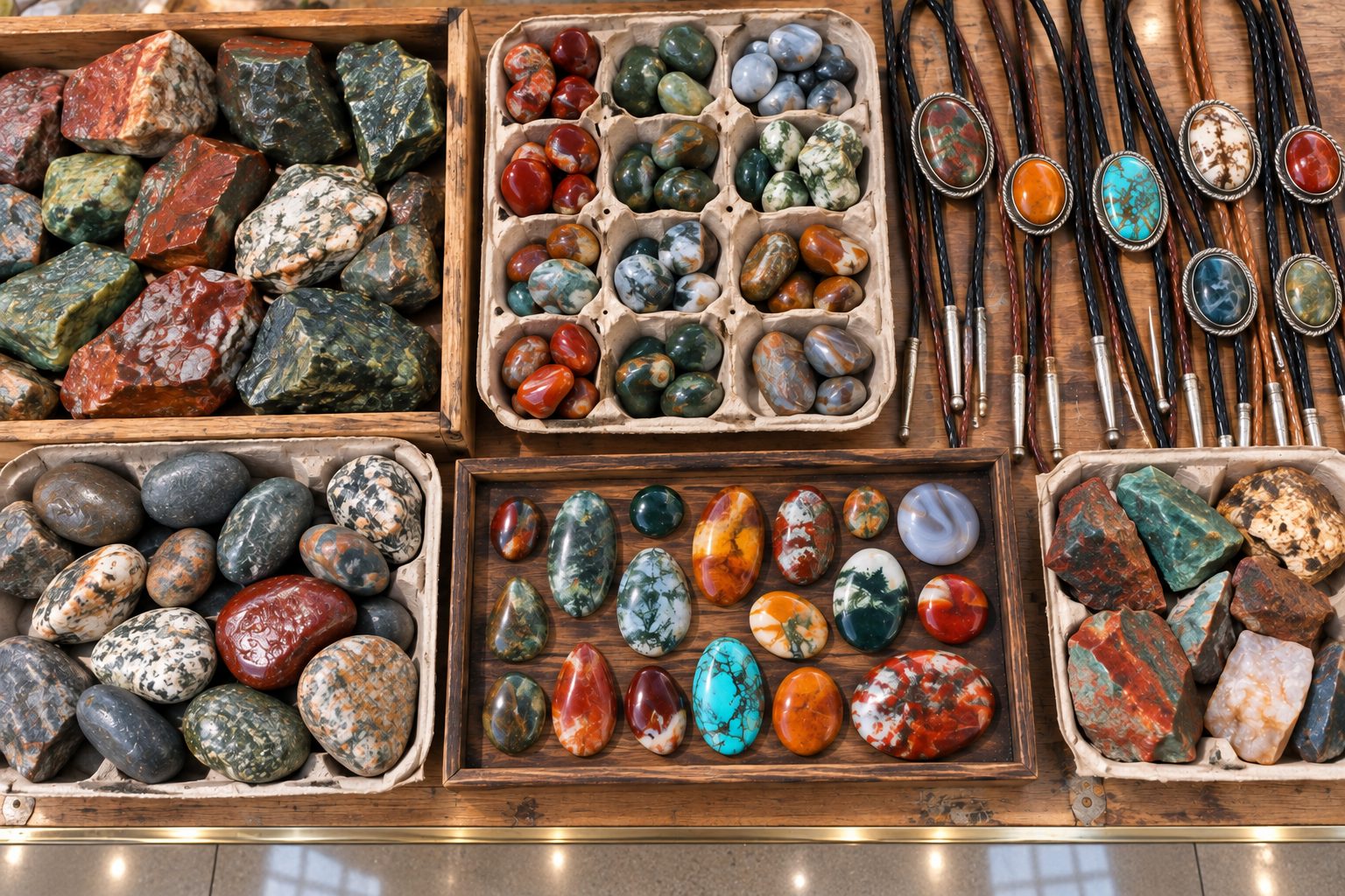 Overhead view of trays, egg carton stones, and bolo ties on the display table