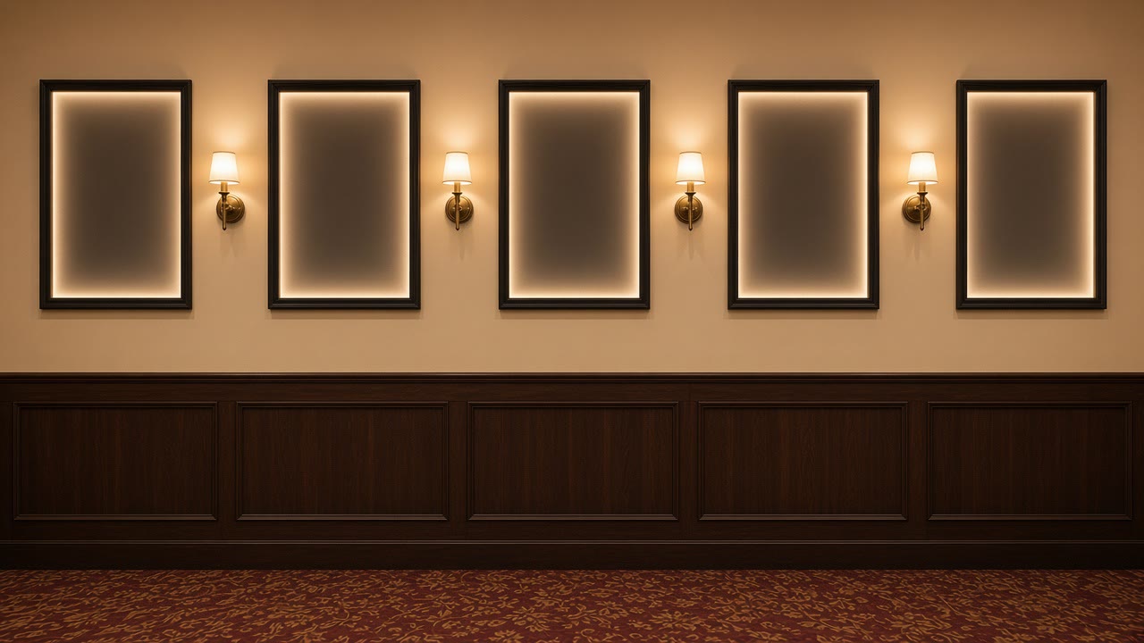 Theater poster frames along the lobby wall