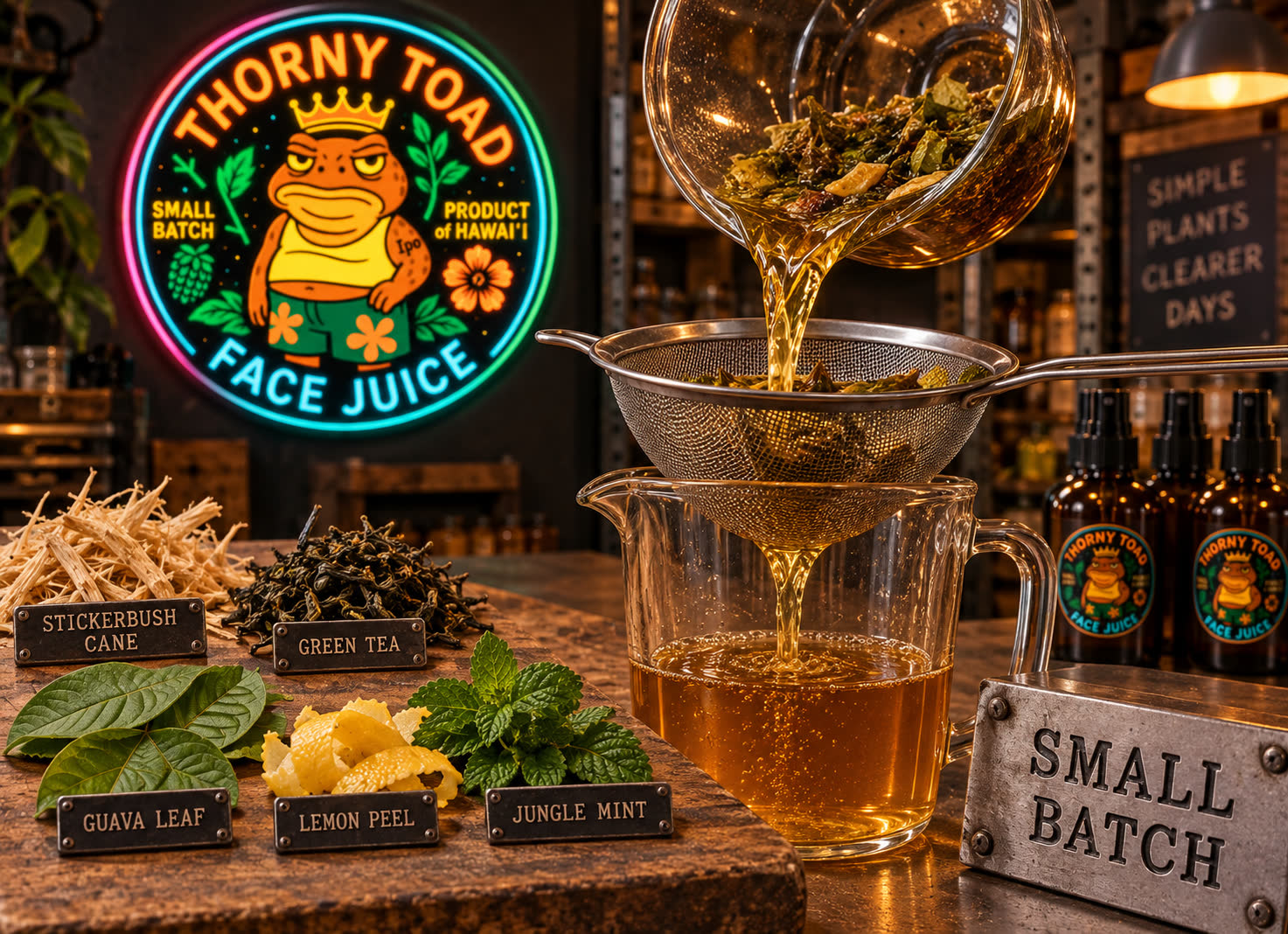 Golden-amber Face Juice poured through a strainer into a beaker beside labeled botanicals