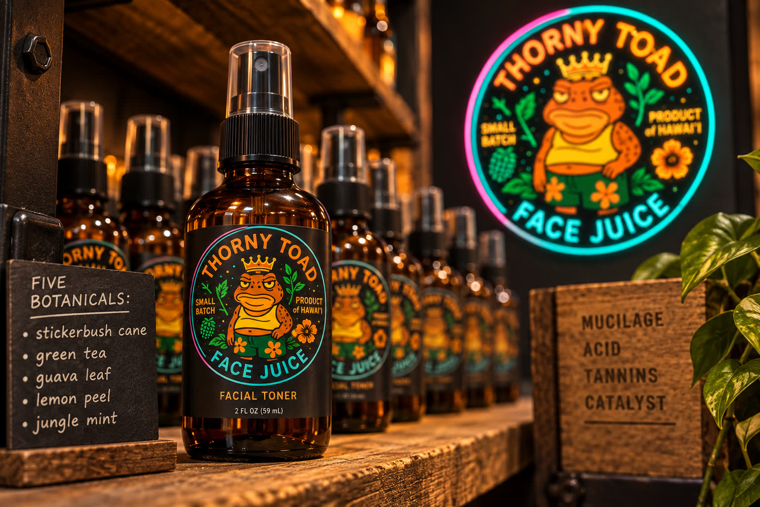 Amber glass Face Juice spray bottle with neon Thorny Toad logo behind it